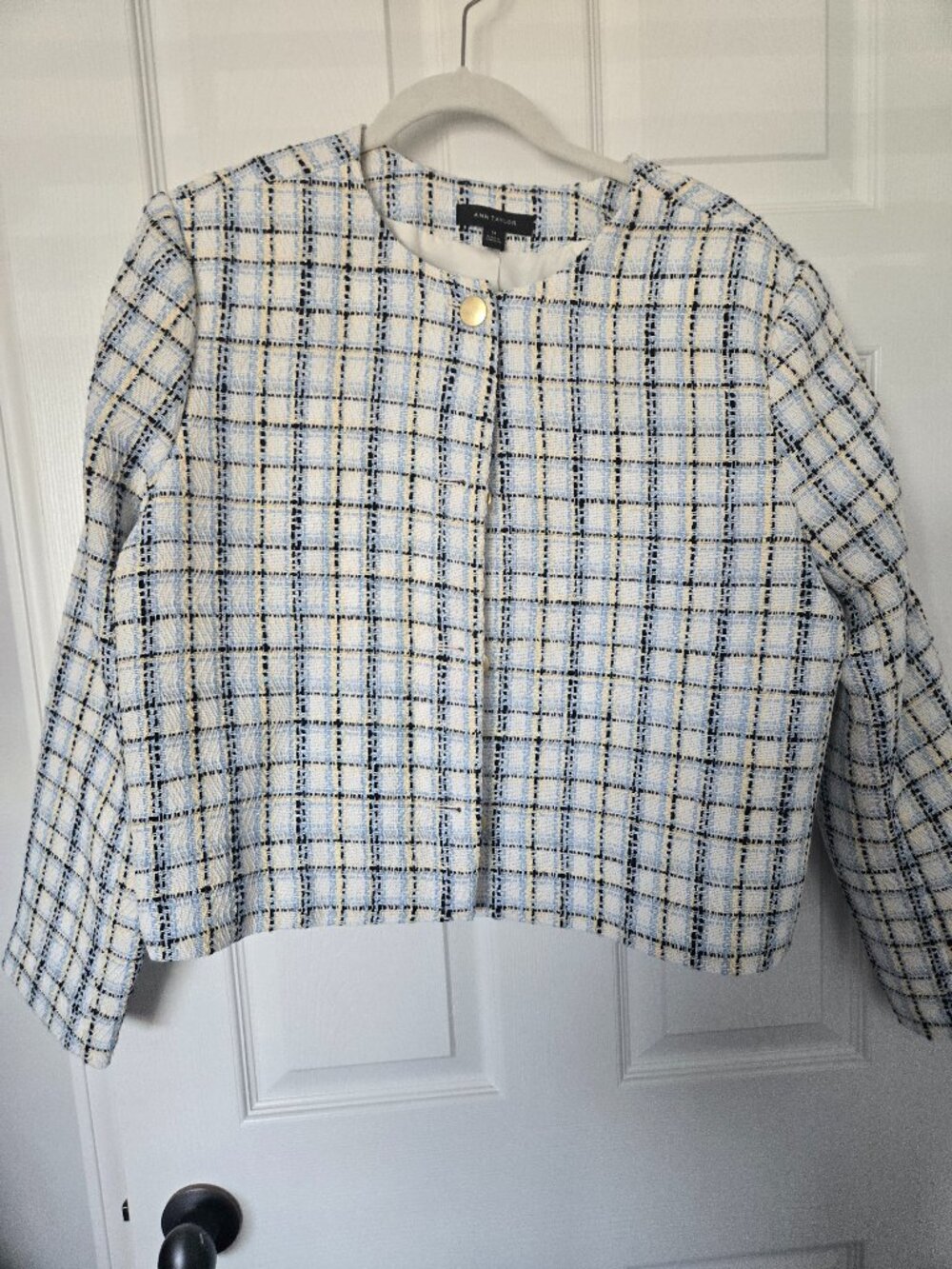 Ann Taylor Blue Plaid Tweed Jacket/Blazer, Sz 14